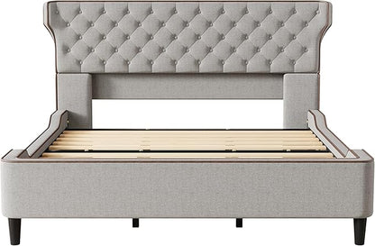 Christopher Knight Home Salus Linen Upholstered King Size Bed Frame with Headboard, Modern King Bed Frame and Headboard, Wooden Slats Support, Easy Assembly, No Box Spring Needed, Grey