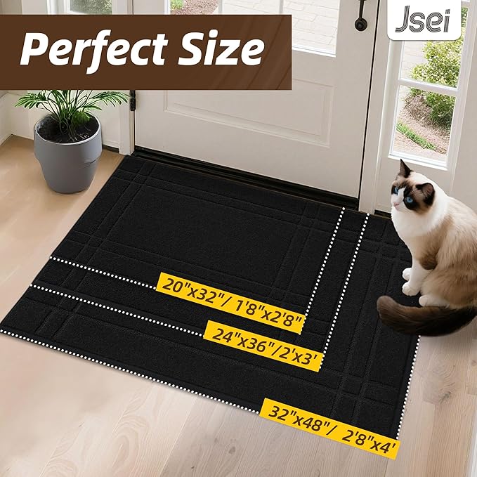 JSEI Entryway Rugs Doormat 20"x32", Non-Slip Dirt Trapper Door Mats Indoor, Washable Absorbent and Stain Resist Welcome Floor Mat for Front Door, Dog Door Mat, Muddy Wet Shoes & Paws, Black