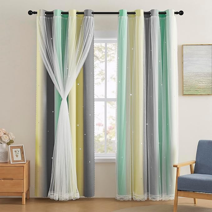 XiDi Yellow & Rainbow Curtains for Kids & Girls Room - Blackout, Grey & Green 34x63 Inch Long