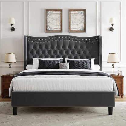 Upholstered Full Size Bed Frame with Tall Headboard, Velvet Wingback Platform Bed Frame with Deep Button Tufted, No Box Spring Needed, Noise Free, Grey