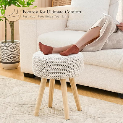 LGENHOOM Cotton Knitted Ottoman Round Footstool Vanity Stool Modern Stool Ottoman Footrest Stool with Non-Skid Wood Legs for Living Room Bedroom White