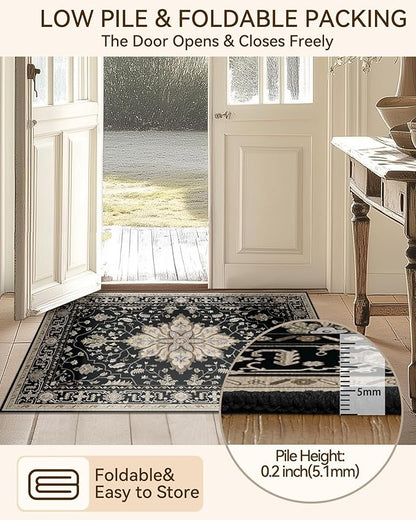 Area Rugs 2'x8' Washable Non-Slip, Floral Vintage Distress Print Pattern Medallion Carpet for Living Room Bedroom Dining Room, Black Brown Neutral Dark Tan
