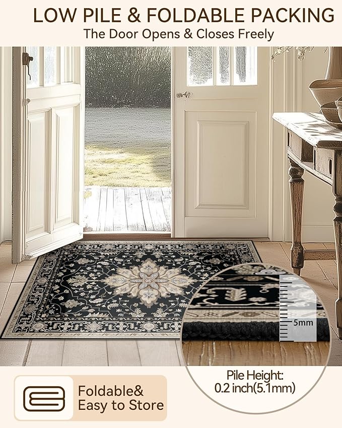 Area Rugs 6ft Washable Non-Slip, Floral Vintage Distress Print Pattern Medallion Carpet for Living Room Bedroom Dining Room, Black Brown Neutral Dark Tan