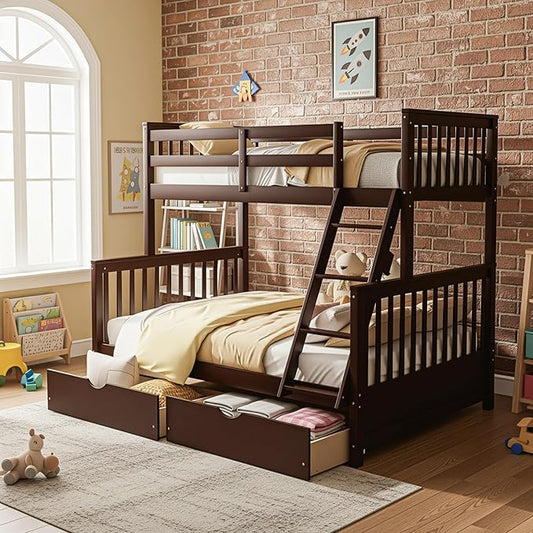 Merax Wood Bunk Bed with Two Drawers,Convertible Wood Bunk Bed with Ladders and Two Storage Drawers,Solid Wood Detachable Bed Frame with Ladders, Twin Over Full Size, Espresso