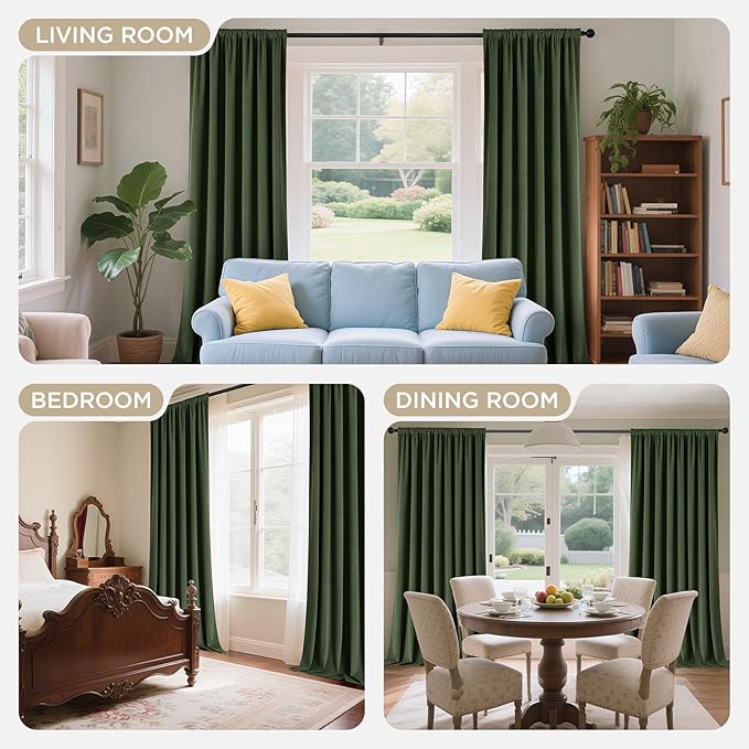 Joydeco Olive Green 100% Blackout Curtains 108 Inch 2 Panels, Luxury Thermal Green Velvet Curtains for Bedroom Living Room, Soundproof Blackout Window Drapes, Rod Pocket & Back Tab (52W x 108L)