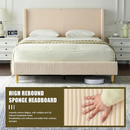 PINJU Queen Size Bed Frame, Upholstered Platform Bed with Modern Vertical Striped Wingback Headboard with Wooden Slats, Easy to Assemble No Noise Free (Beige, Queen (U.S. Standard))