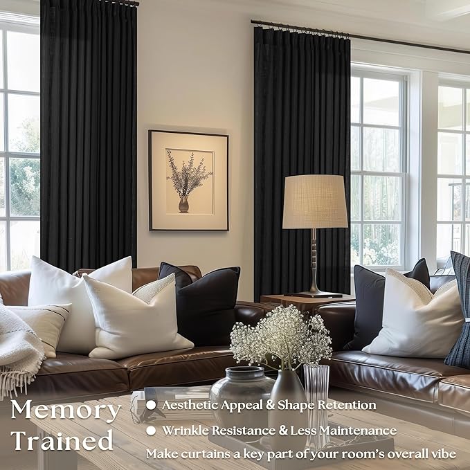 Black Linen Curtains Pinch Pleated 84 Inches Long for Living Room Bedroom Pleat with Rings Back Tab Semi Sheer Curtains 84 Inch Length 2 Panels Set Light Filtering Farmhouse Rustic Drapes
