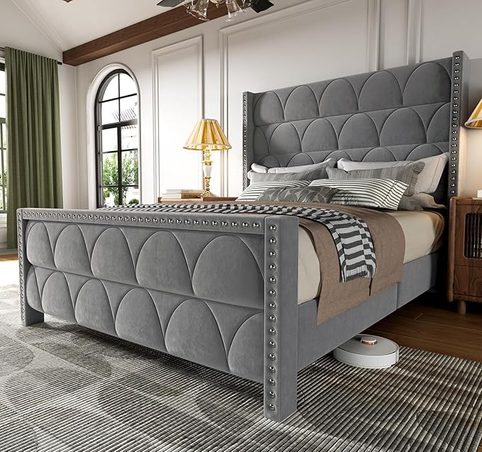 Queen Size Bed Frame with 56" Headboard - Velvet Upholstered Wingback Platform Bed Frame, Noise Free, Sturdy Wooden Slat Support (Deep Gray, Queen)