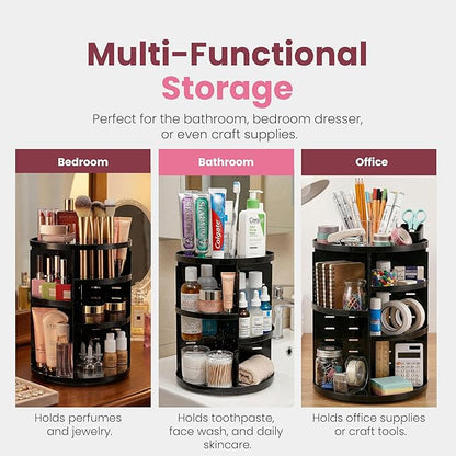 360 Rotating Makeup Organizer - Adjustable Shelf Height and Fully Rotatable. The Perfect Cosmetic Organizer for Bedroom Dresser or Vanity Countertop. (Black)