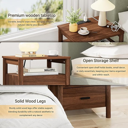 FavourLife Night Stand, 20" Wide Nightstand, Modern Nightstand with Charging Station, 2 Drawer Wooden End Table with Solid Round Post Legs & Open Shelf, Bedside Table w/Storage for Bedroom, Walnut