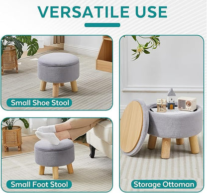 FIMIVIBI Small Foot Stool Ottoman with Storage, Soft Faux Fur Ottoman Foot Rest for Couch, Round Footstool with Storage, Small Ottomans and Footstools for Living Room and Entryway (Gray)