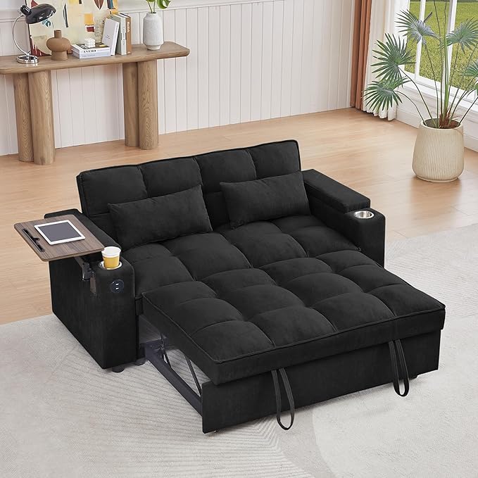 66" Multi-Functional Pull-Out Sofa Bed with Hidden Side Table, Storage Armrests, Built-in Charging Port, Spring Mattress, Solid Wood Frame – Ideal for Small Spaces, Easy Assembly