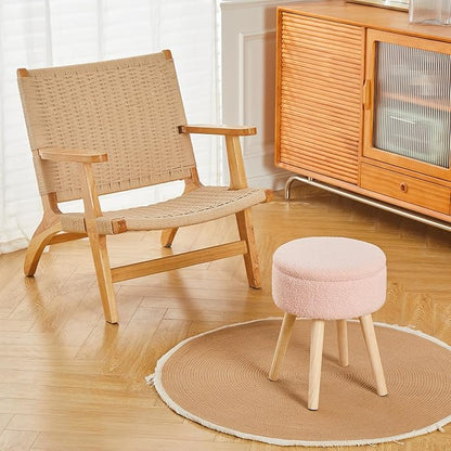 Mxfurhawa Storage Ottoman Foot Stool Teddy Velvet Round Vanity Stool Tray Top Footstool with Wood Legs Upholstered Foot Rest Ottoman for Living Room, Bathroom, Makeup (Pink)