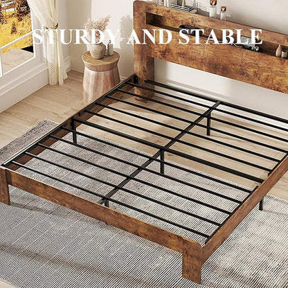 Wooden Bed Frame King Size with Storage Headboard - Farmhouse Platform Bed Frame with Bookcase Shelf & Led Lights, Sturdy Wood Slat Framework Bed Frame (Rustic Brown LED)