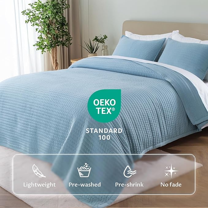 KASENTEX Oversized Queen Quilt Set 102"x106" – Soft Washed 3-Layer Lightweight Bedspread, Minimalist Nordic Design, All-Season Spring & Summer Quilt Set (1 Quilt + 2 Pillow Shams), Blue
