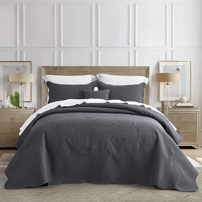 CHIXIN Oversized Bedspread Coverlet Set King Size - Lightweight Bedding Cover - Ultrasonic Quilting - 5 Piece Reversible Bedspread - Vintage Rose Pattern (King, Dark Grey)