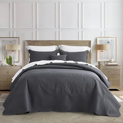 CHIXIN Oversized Bedspread Coverlet Set King Size - Lightweight Bedding Cover - Ultrasonic Quilting - 5 Piece Reversible Bedspread - Vintage Rose Pattern (King, Dark Grey)
