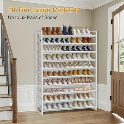 Large Shoe Rack 10 Tier Shoe Organizer, Heavy Duty Metal 5-Tier Stackable Shoe Storage Vertical Shoe Rack for Closet Front Door Entrance, Up to 62 Pairs, 44.8" W x 11.4" D x 71.2" H, White