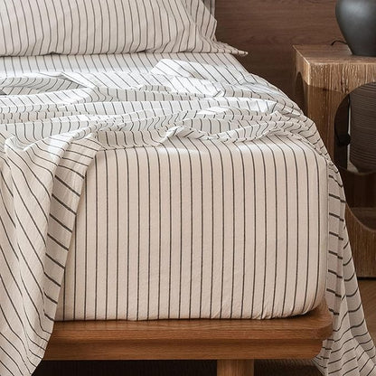MooMee Fitted Bottom Sheet Only 100% Washed Cotton Linen Like Textured Breathable Durable Soft Comfy Deep Pocket Fits Mattress up to 17" (White Dark Grey Wide Stripes, Queen)