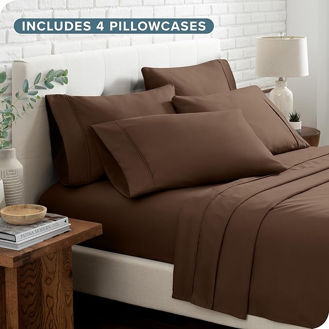 Bare Home Hotel Luxury Full XL Sheet Set, Extra Soft - 6 Piece Set - Deep Pockets - Easy Fit - Cooling & Breathable - Wrinkle, Fade, Stain Resistant - Includes 4 Pillowcases (Full XL, Cocoa)