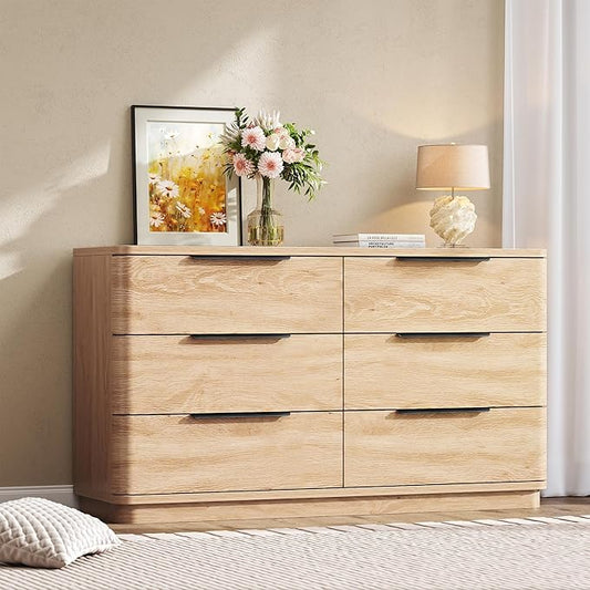 6 Drawer Dresser for Bedroom, 54" Wide Modern Chest of Drawers with Metal Handle, Curved Profile Design, Wooden Oak Dresser Closet Clothes Storage TV Stand for Living Room, Hallway