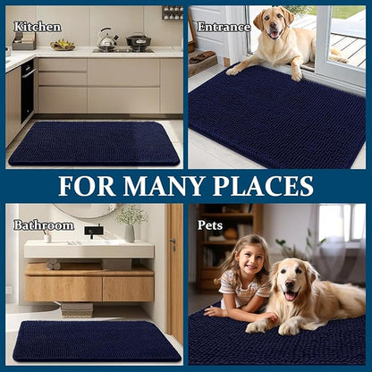 OLANLY Dog Door Mat for Muddy Paws 47x17, Absorbs Moisture and Dirt, Absorbent Non-Slip Washable Doormat, Quick Dry Chenille Mud Mat for Dogs, Entry Indoor Entryway Carpet for Inside Floor, Navy Blue