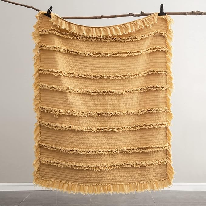 Ultra Soft Quilted Throw Blanket with Ruffle Fringe Pre-Washed, Boho Decor in Stone Washed Yellow, Rustic Chic Blanket for Sofa, Couch, Bed, or Chair,90"x 90"