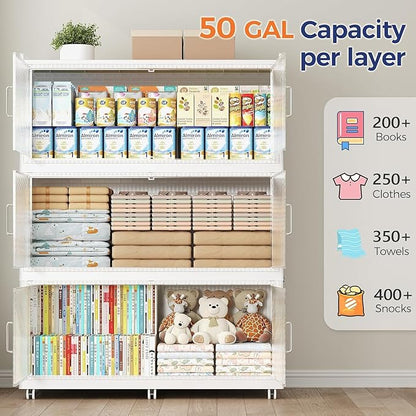 240GAL Extra Large Storage Bins with Lid, 960QT Collapsible Organizer with Wheels, Stackable Closet Cabinet with Doors, Folding Storage Containers for Home, Office, Kitchen, 3Pack White
