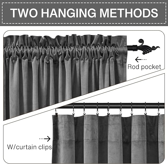 StangH Velvet Curtains 108 inches Long - Heavy-Duty Blackout Velvet Drapes Heat & Chill Resistant Window Panels for Villa/Patio Door, Grey, 52 by 108-inches, 2 Pcs