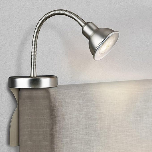 Solfres Patented Innovative Design Headboard Reading Light. No Drilling Golden Book Light for Bedtime Reading. Dimmable LED Book Reading Lamp with Bulb. Movable & Flexible, Silver