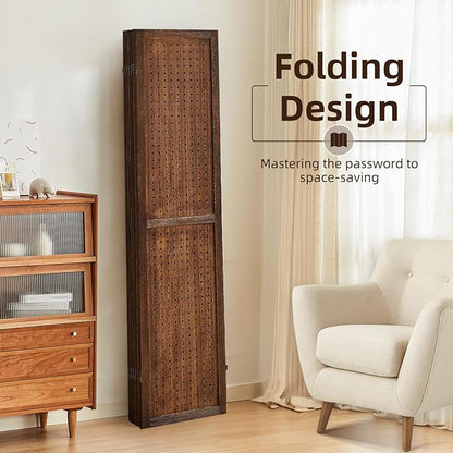 6 Panel Pegboard Display with 24 Hooks,Partition Room dividers, Wooden Room Divider Wall and Folding Privacy Screens, Pegboard Room Divider, Bedroom, Balcony, Dark Brown