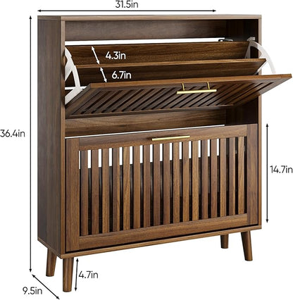 Vibe & Dine Shoe Cabinet with 2 Flip Drawers, Narrow Shoe Rack with Gold Handles, Free Standing Shoe Storage Cabinet for Entryway Slim, Wood Shoe Organizer Cabinet for Hallway, Bedroom, Walnut