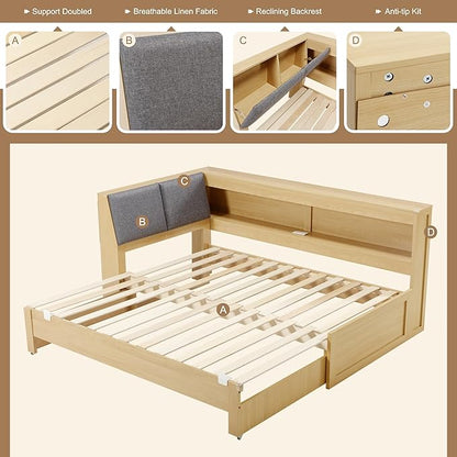 Corner Bed Frame with Extendable Trundle Bed and Bookcase Upholstered Headboard, 3-in-1 Twin Size Wood Daybed with LED Lights and Charging Station, for Bedroom, Guest Room, Natural Oak