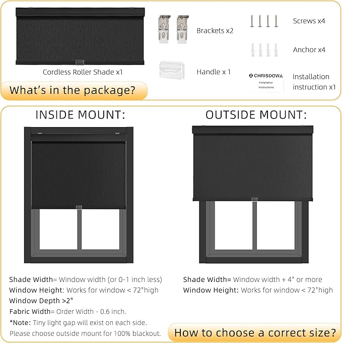 ChrisDowa Cordless Blackout Roller Shades for Windows, Striped Free-Stop Window Blinds with Privacy, Thermal Insulated Window Shades for Home, Office and Door. Black, 25" W x 72" H