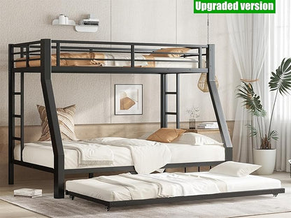 Higher Quality & Stronger Heavy Duty Metal Bunk Bed Frame Twin Over Full Size with Twin Size Trundle for Adults Teens, Thickened More Stable Steel Bunkbed (Twin Over Full with Trundle)