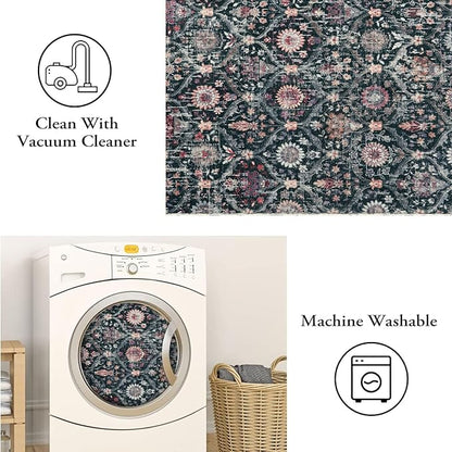 Lahome Moroccan Trellis Washable Round Area Rug, Soft Round Rugs 6ft Ultra-Thin Non-Slip, Vintage Large Circle Carpet for Bedroom Living Room Kitchen Nursery, Black/Multi