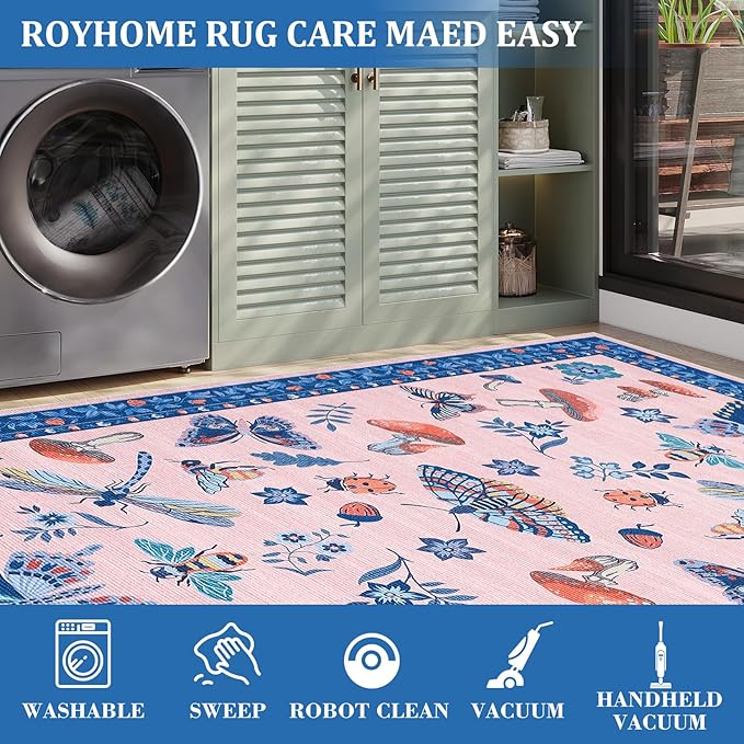 Mushroom Insect Washable Rug 5x7 Area Rugs for Bedroom Non Slip with Rubber Back Low Pile Stain Resistant Modern Butterfly Carpet for Living Room Nursery Kitchen Dining Room Blue Pink