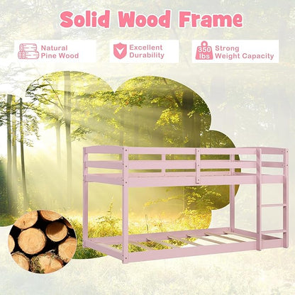 KOMFOTT Low Bunk Bed Twin Over Twin, Solid Wood Twin Bed Frame with Built-in Ladder & Safety Guardrails, Space-Saving Low Bunk Bed for Kids, Teens, No Box Spring Needed