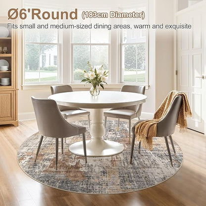 6ft Round Area Rug Living Room Rugs - 6x6 Washable Large Soft Indoor Neutral Modern Abstract Low Pile Rug Carpet for Bedroom Dining Room Farmhouse Home Office - Grey Brown