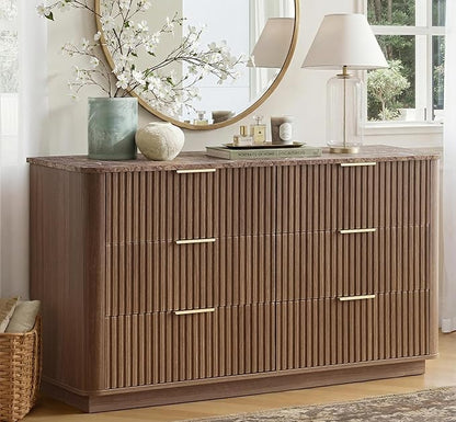 win2win 6 Drawer Dresser, Mid Century Modern Dresser with Storage, 47" Wide Fluted Chest of Drawers with Faux Marble Top, Dressers TV Stand, Drawers Organizer for Bedroom, Living Room, Hallway, Walnut