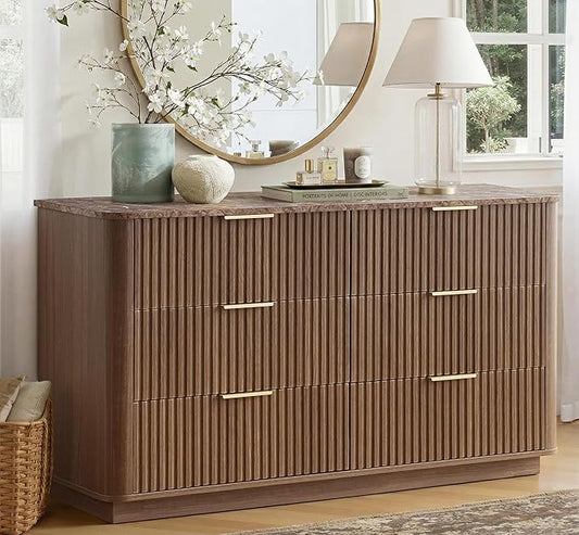 win2win 6 Drawer Dresser, Mid Century Modern Dresser with Storage, 47" Wide Fluted Chest of Drawers with Faux Marble Top, Dressers TV Stand, Drawers Organizer for Bedroom, Living Room, Hallway, Walnut