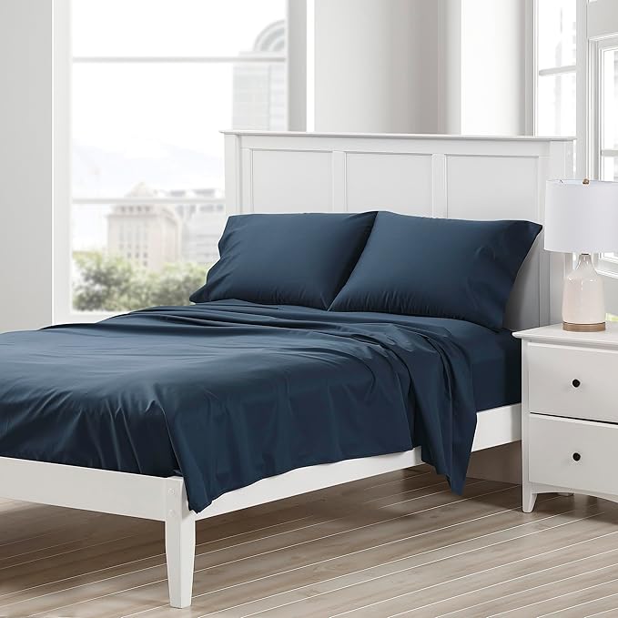 Cuddledown Dreamstead 100% Cotton Bed Sheets Set | 300 Thread Count | Luxurious Sateen Weave | Pure Combed Cotton | Soft | Wrinkle Resistant | 4 Piece Set | Navy | King | 78” x 80”