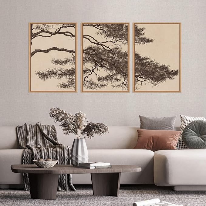 LHIUEM Large Vintage Pine Tree Branch Framed Canvas Wall Art,Sketch Botanical Wall Decor,Nature Plant Artwork,Brown Antique Etching Art Prints for Living Room,Bedroom,Office- 16"x24"x3
