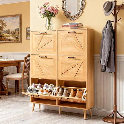 VINGLI 6 Flip Drawer Shoe Cabinet for Entryway, Rustic Shoe Storage Cabinet with 5 Solid Wood Legs, Farmhouse Barn Door Design Shoe Organizer for Hallway, Bedroom, or Living Room, Natural Wood Finish