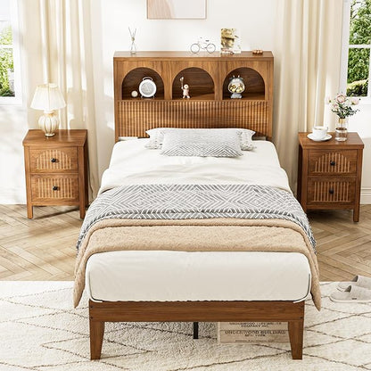 Twin Bed Frame with Wave Headboard, Wooden Headboard with 3 Arched Storage Compartments, Platform Bed with Wood and Metal Slats, No Box Spring Needed, No Noise (Twin-Walnut)
