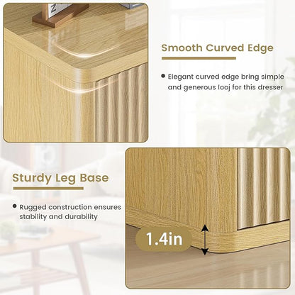 Natural 6 Drawers Dresser for Bedroom, 48" Wide Wood Chest of Deep Drawers with Curved Profile, Handleless, Modern Fluted Dresser TV Stand, Storage Closet Drawer Organizer for Bedroom