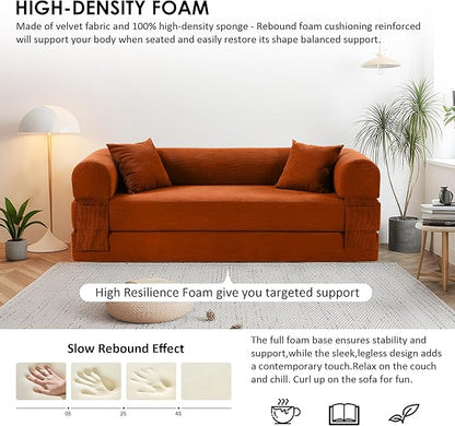 80" Convertible Sofa Bed, Corduroy Deep Seat Folding Pull Out Couch with Pillows, No Assembly Modern Boneless Couch Compression Sofa in Box, Floor Sofa with Storage Pocket for Living Room, Orange
