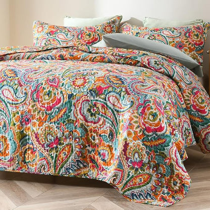 Cotton Bedspread Quilt Sets, Reversible Bedding Coverlet Sets Comforter, Gorgeous Red Floral Paisley Bedspread, King Size