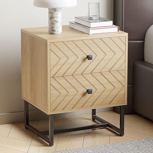 Modern Nightstand with Two Storable Drawers,Sturdy Bedside Table Space-Saving Night Stand with Black Metal Legs for Bedroom,Oak