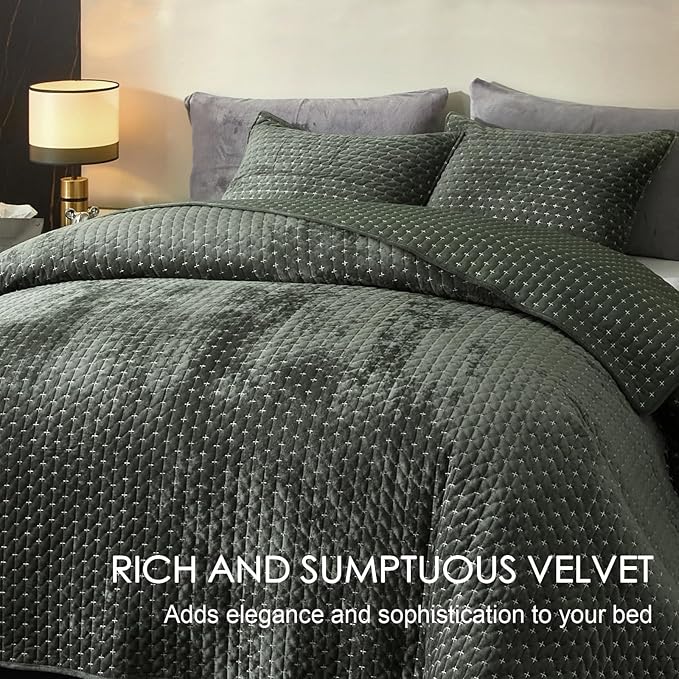 Velvet Quilt King Size, Oversized Bedspread Quilted Bedding Set, Luxurious Soft Coverlet Set Lightweight Velvet Comforter for All Season with 2 Pillow Shams, 96x106" Army Green Striped Quilt Set
